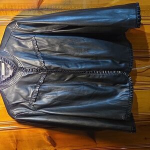 Women's Black Faux Leather Ruffle-Trim Jacket